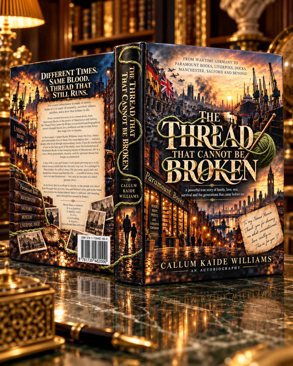 The Thread That Cannot Be Broken with its green thread, showing the physical book’s back, spine and front